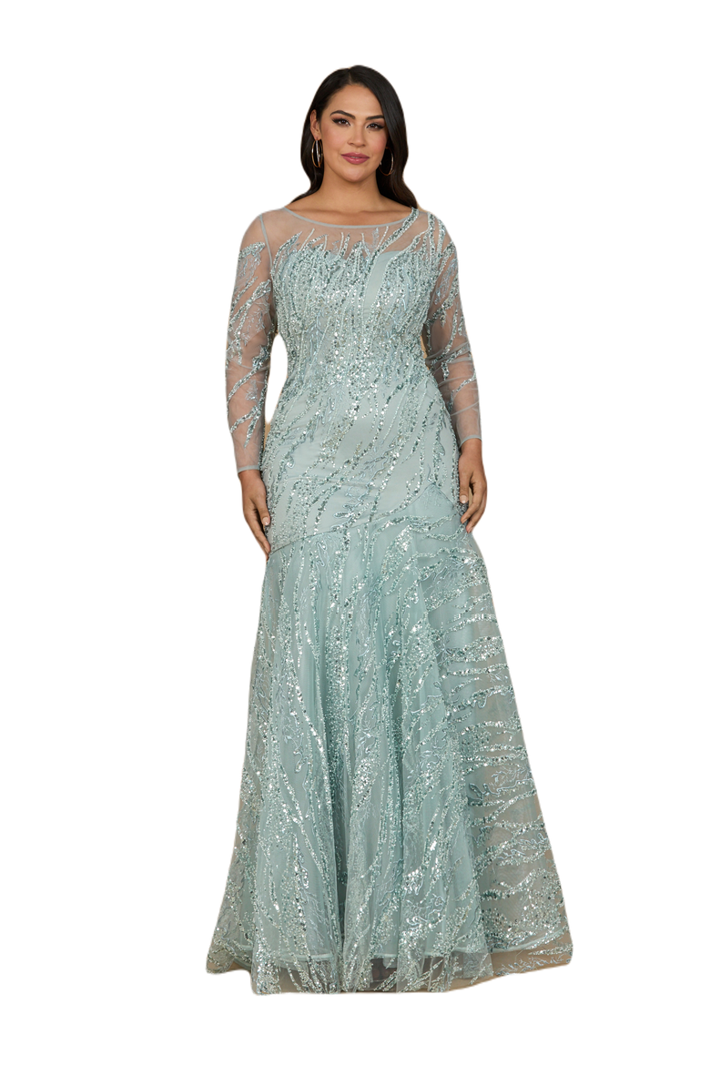Long Sleeve Mermaid Beaded Gown, Main, color, Seafoam