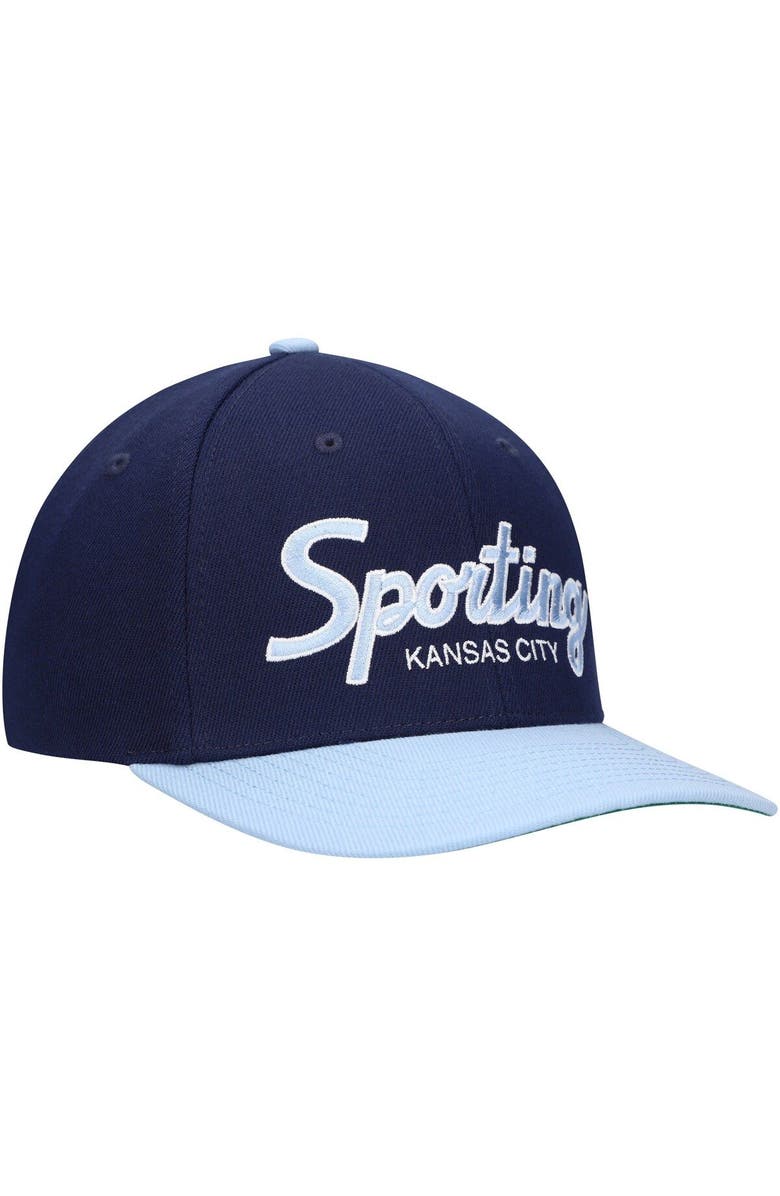 Mitchell & Ness Men's Mitchell & Ness Navy Sporting Kansas City Team Script 2.0 Stretch Snapback Hat, Alternate, color, Navy
