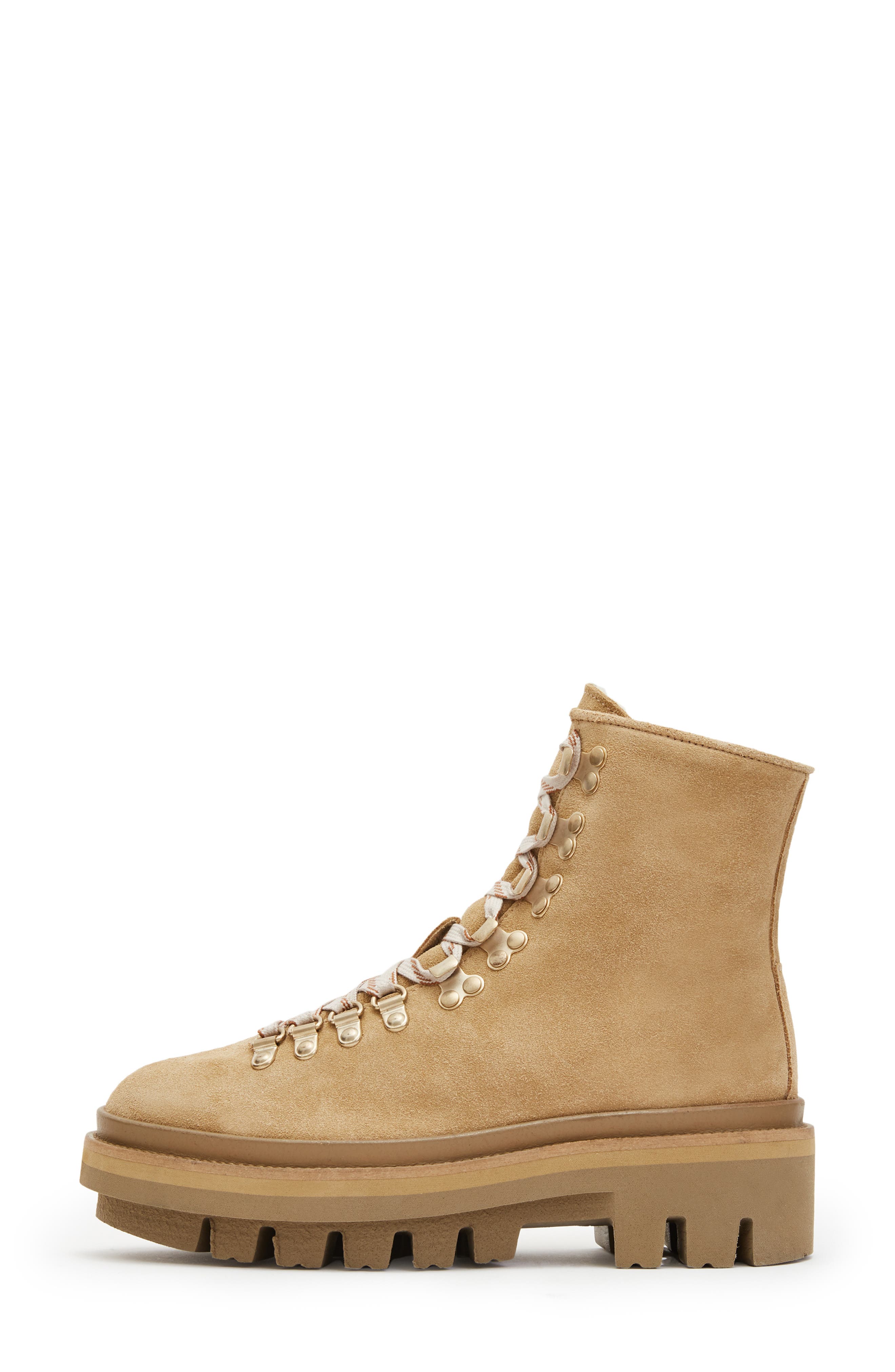 AllSaints Wanda Genuine Shearling Lug Sole Combat Boot, Alternate, color, Sand