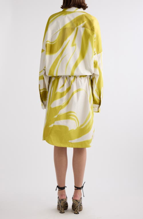 Dries Van Noten Dindi Print Belted Long Sleeve Cotton Poplin Shirtdress In Lime