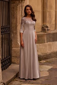 La Femme Jersey Mother of the Bride Gown with Lace Neckline