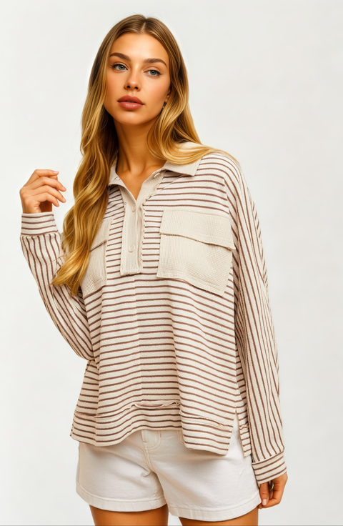 Striped Long Sleeve Waffle Knit Pullover Top