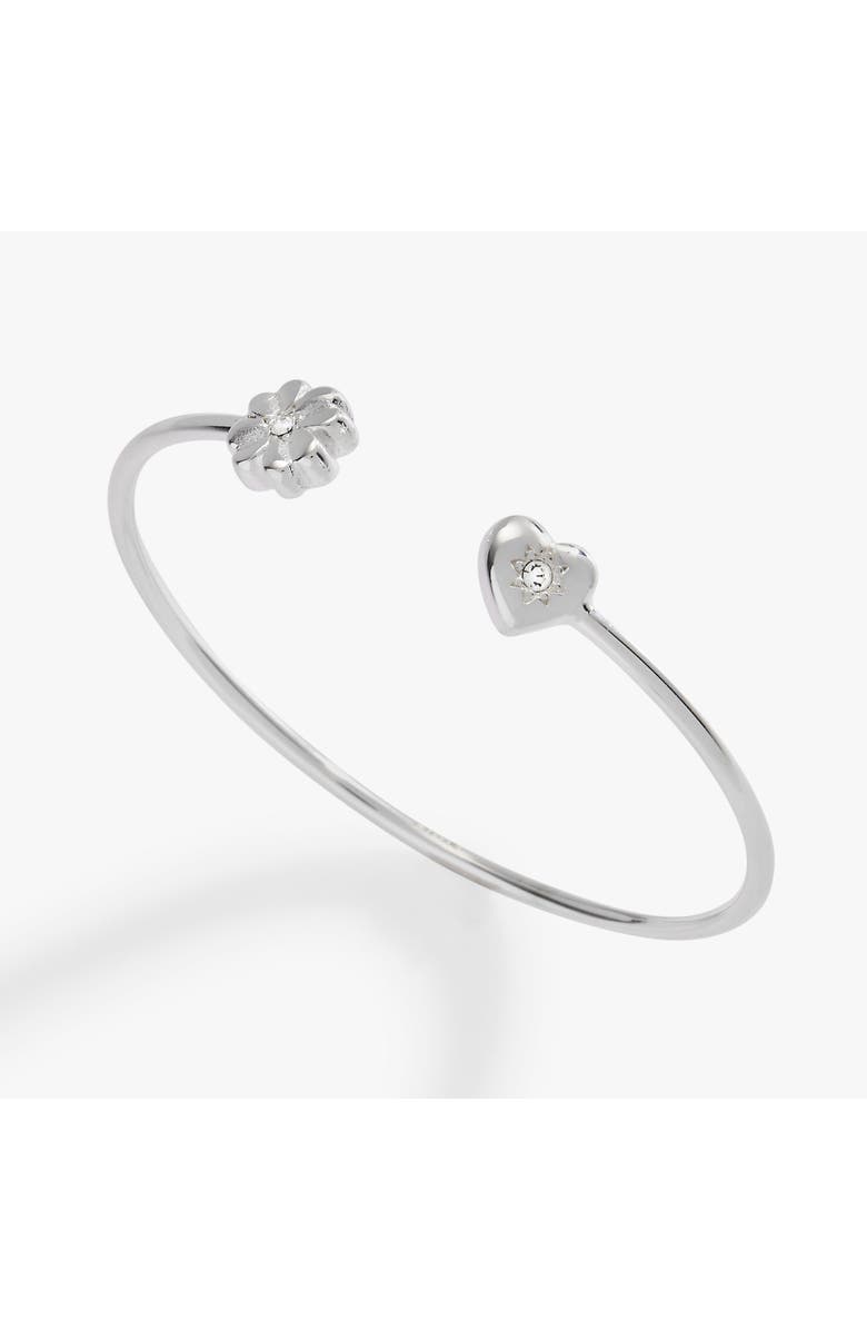 Alex and Ani Love Luck Heart And Clover Flex Cuff Bracelet, Main, color, Silver