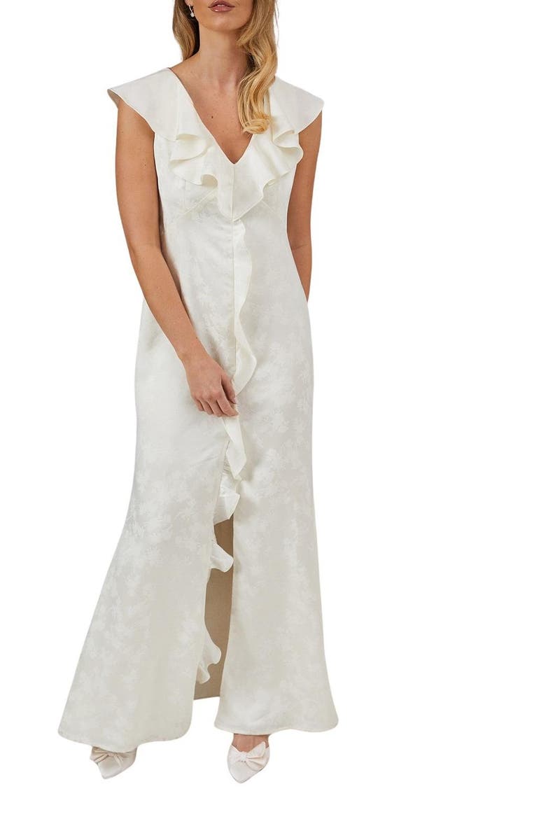 Satin Jacquard V-Neck Bridesmaid Dress, Alternate, color, Champagne