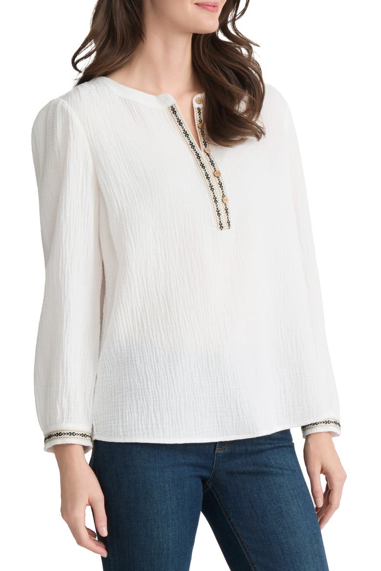 Embroidered Trim Gauze Top, Alternate, color, NATURAL WHITE