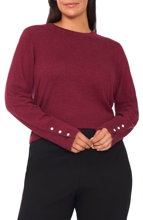 Button Cuff Cotton Blend Sweater (Plus)