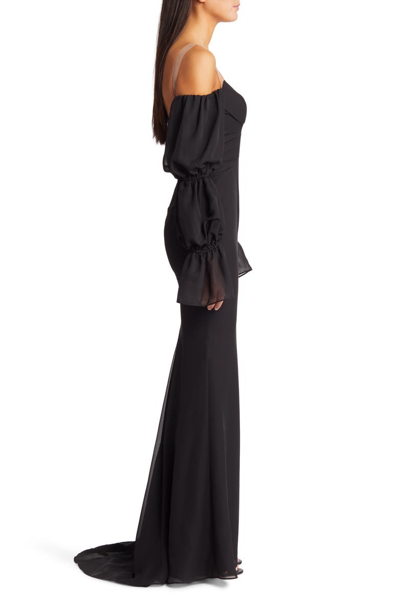 Estella Tiered Long Sleeve Strapless Mermaid Gown, Alternate, color, BLACK