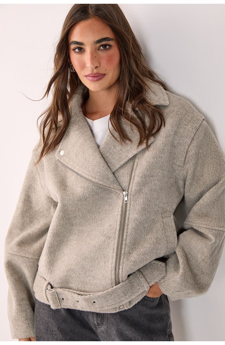 NASTY GAL Oversized Brushed Belted Biker Jacket, Alternate, color, Mink