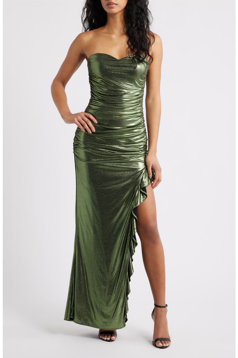 Ruched Foil Strapless Gown, Main, color, GREEN