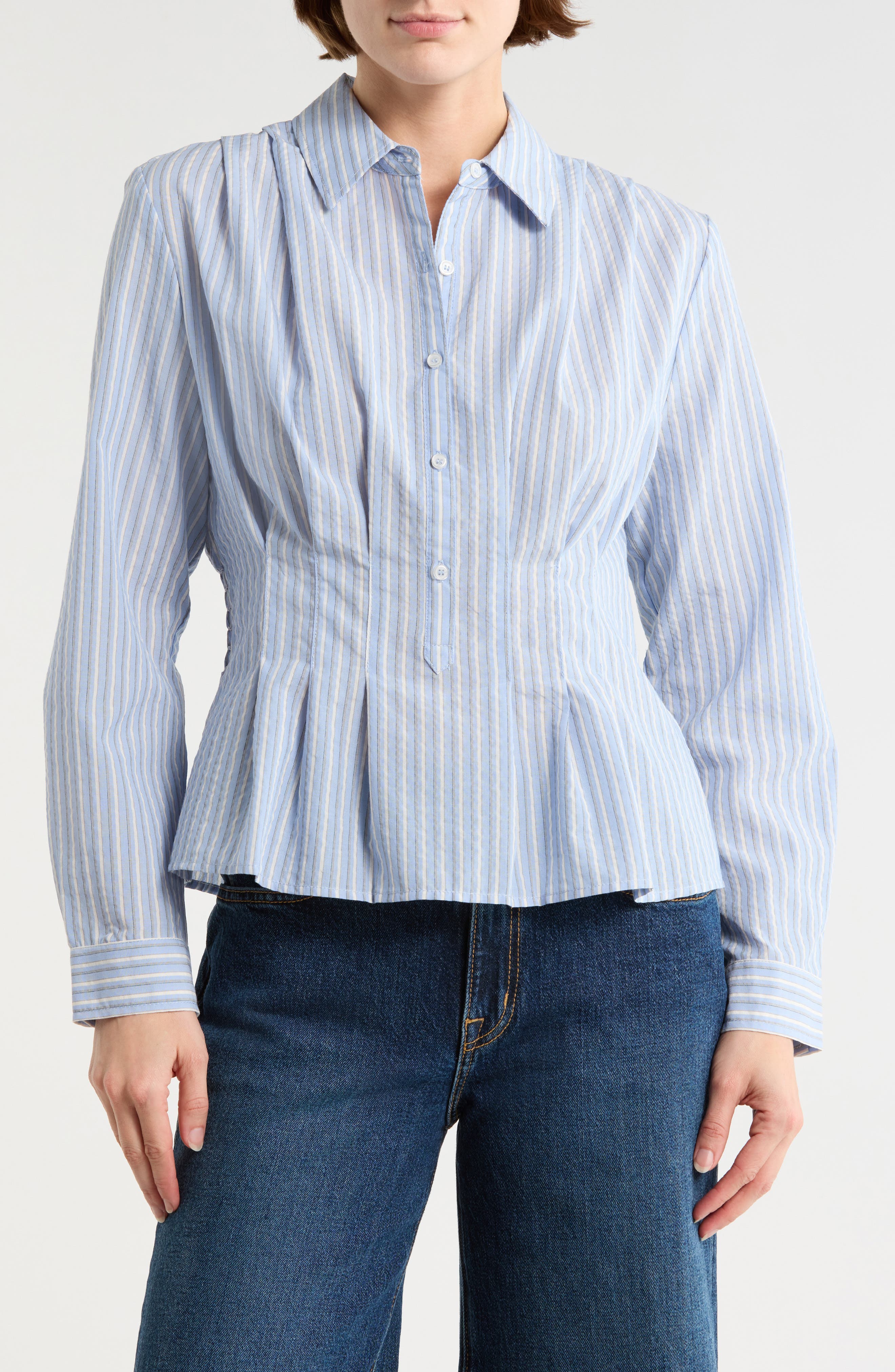 MAX STUDIO Stripe Long Sleeve Pleated Button-Up Shirt