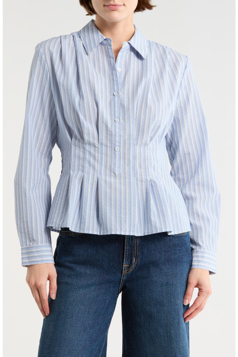 Stripe Long Sleeve Pleated Button-Up Shirt, Main, color, INDIGO/ GREY