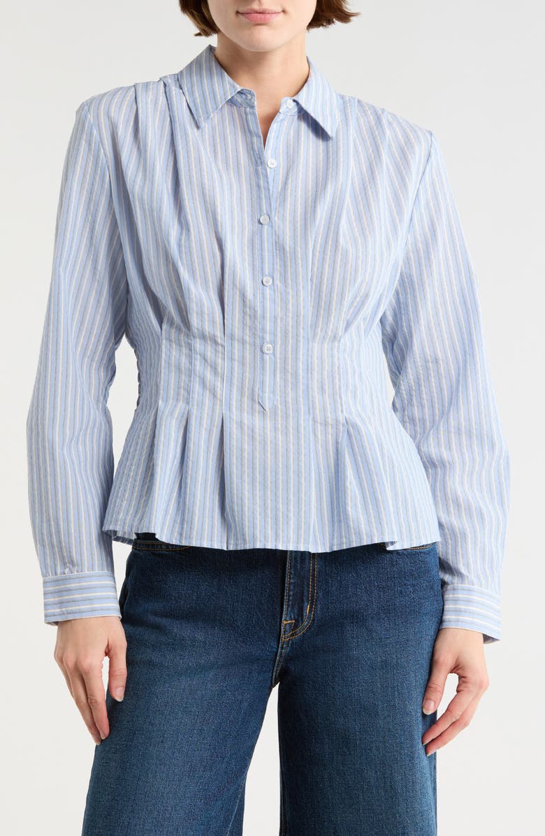 MAX STUDIO Stripe Long Sleeve Pleated Button-Up Shirt, Main, color, Indigo/ Grey