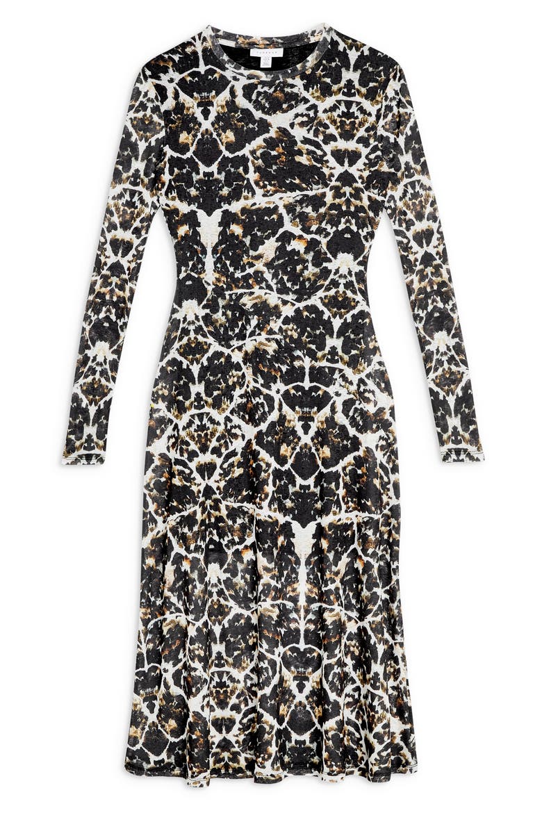Tortoiseshell Long Sleeve Mesh Midi Dress, Alternate, color, BLACK MULTI