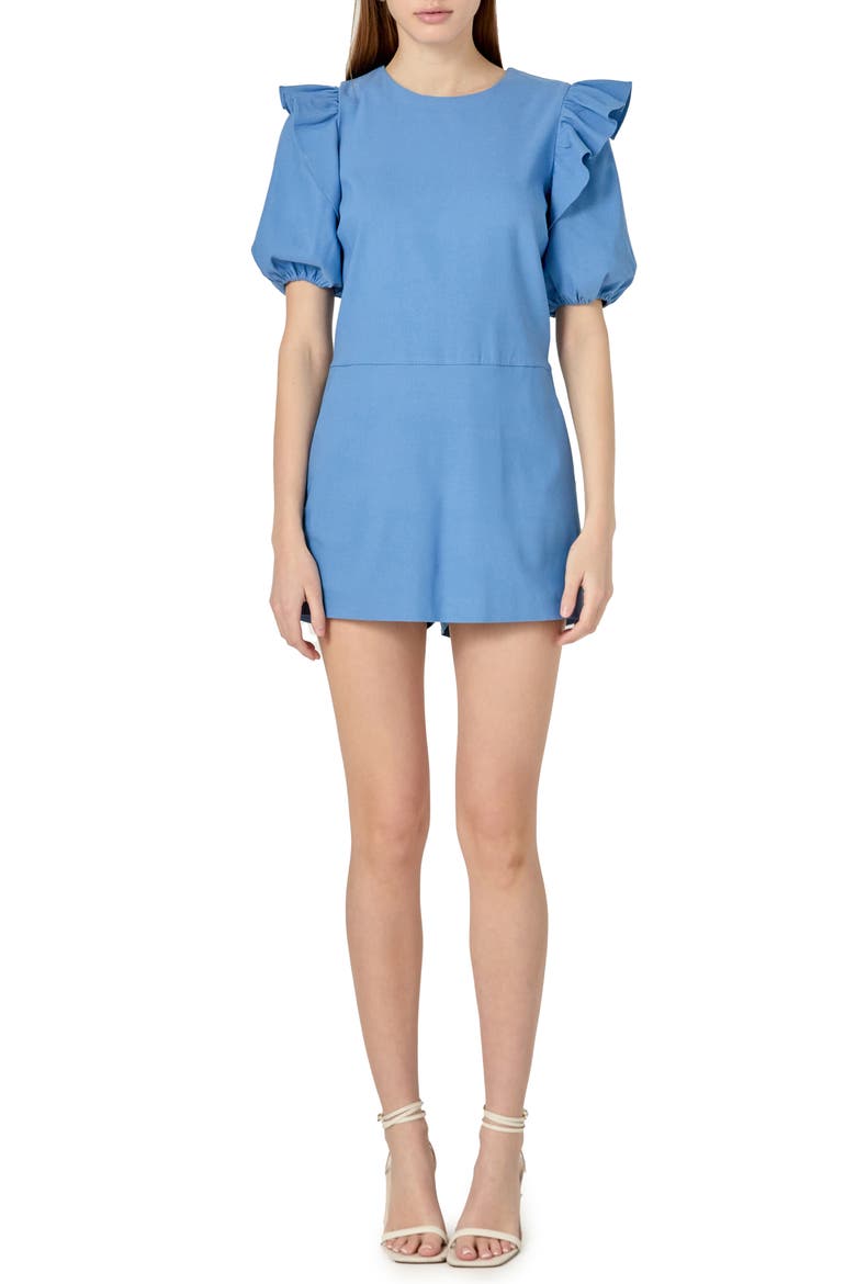 Puff Sleeve Romper, Main, color, BLUE DENIM