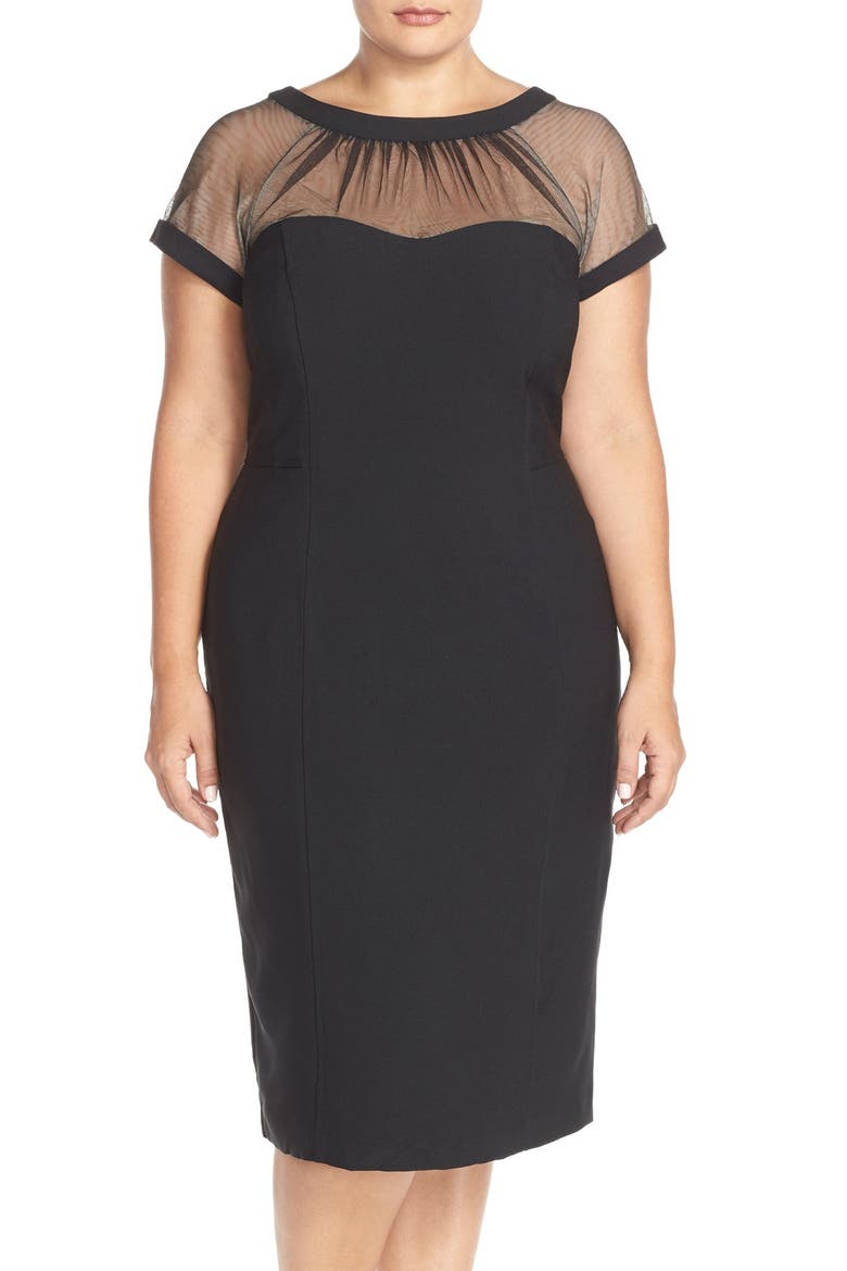 Illusion Yoke Crepe Sheath Dress, Main, color, BLACK