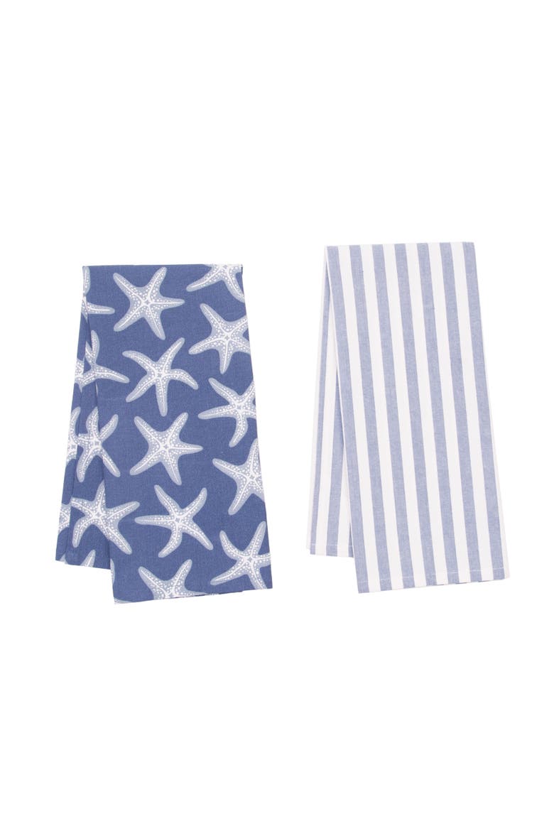 Calming Seas Starfish & Stripes 100% Cotton Graphic Print Set of 2, Main, color, Blue