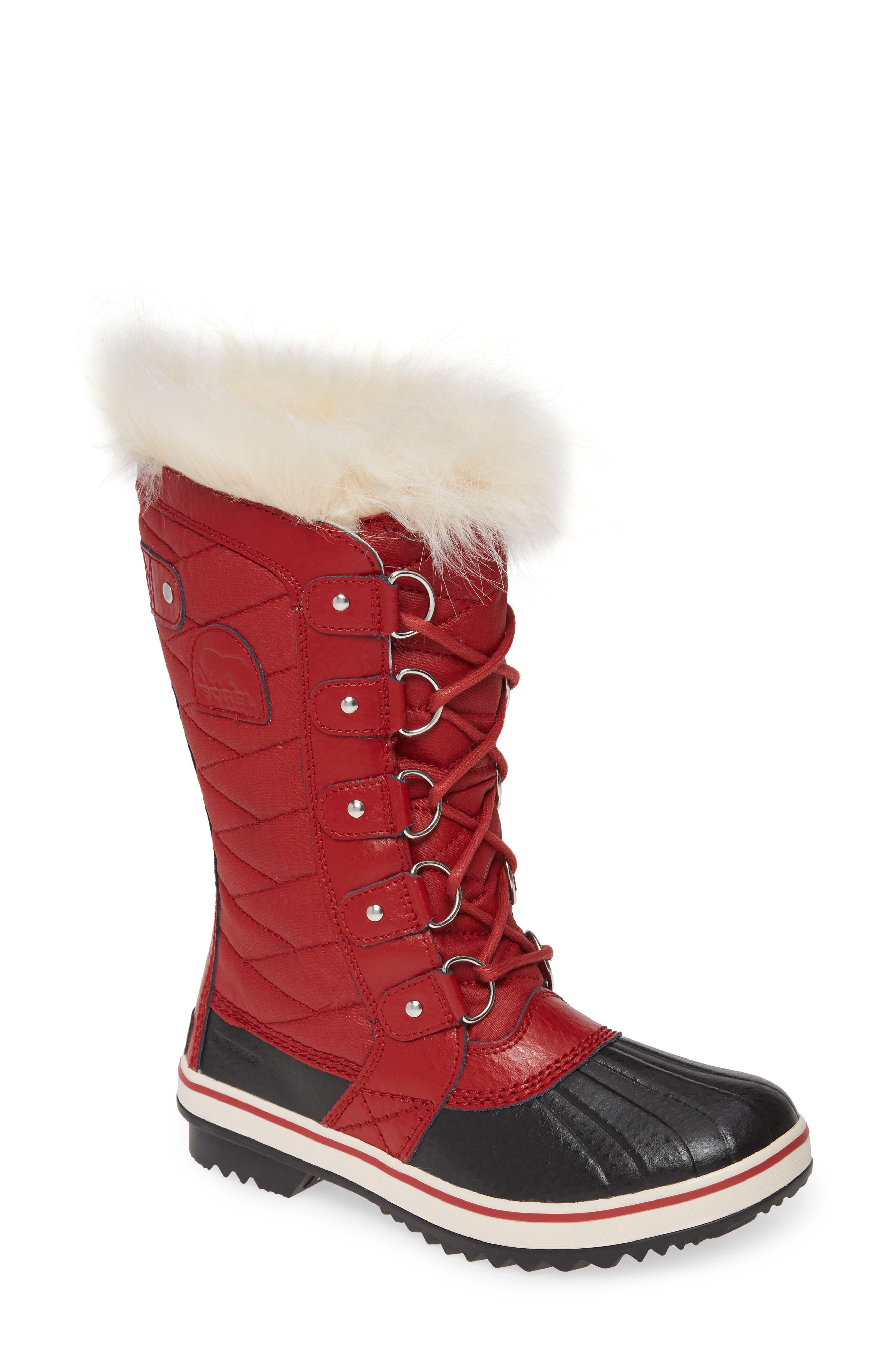'Tofino II' Faux Fur Lined Waterproof Boot, Main, color, RED DAHLIA CANVAS