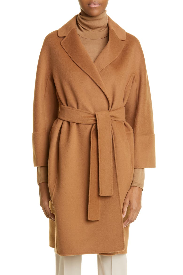 Arona Belted Double Face Virgin Wool Wrap Coat, Main, color, TOBACCO