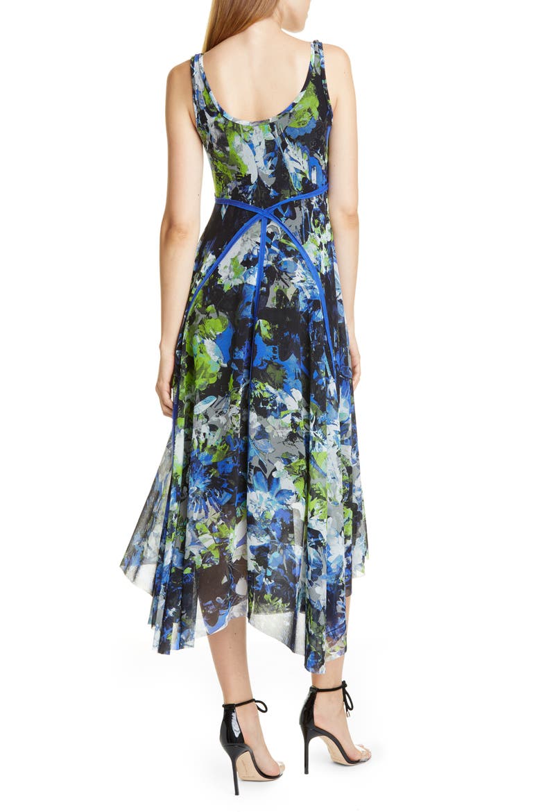 Floral Print Asymmetrical Midi Dress, Alternate, color, NERO