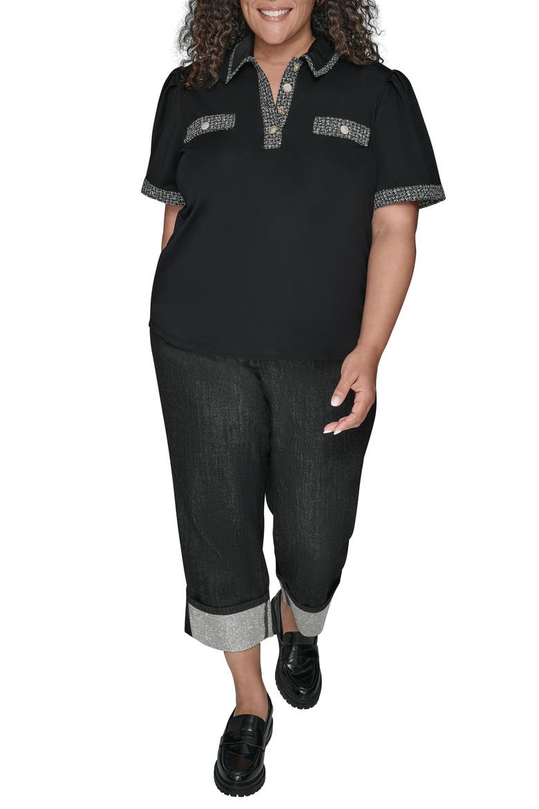 Mixed Media Metallic Tweed Top, Alternate, color, BLACK