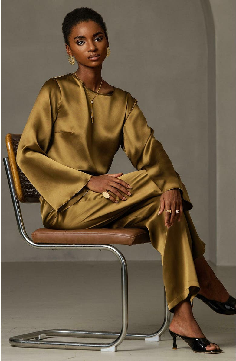 SILKSILKY 19Momme Silk Solid Color Casual Long-sleeved T-shirt, Alternate, color, 