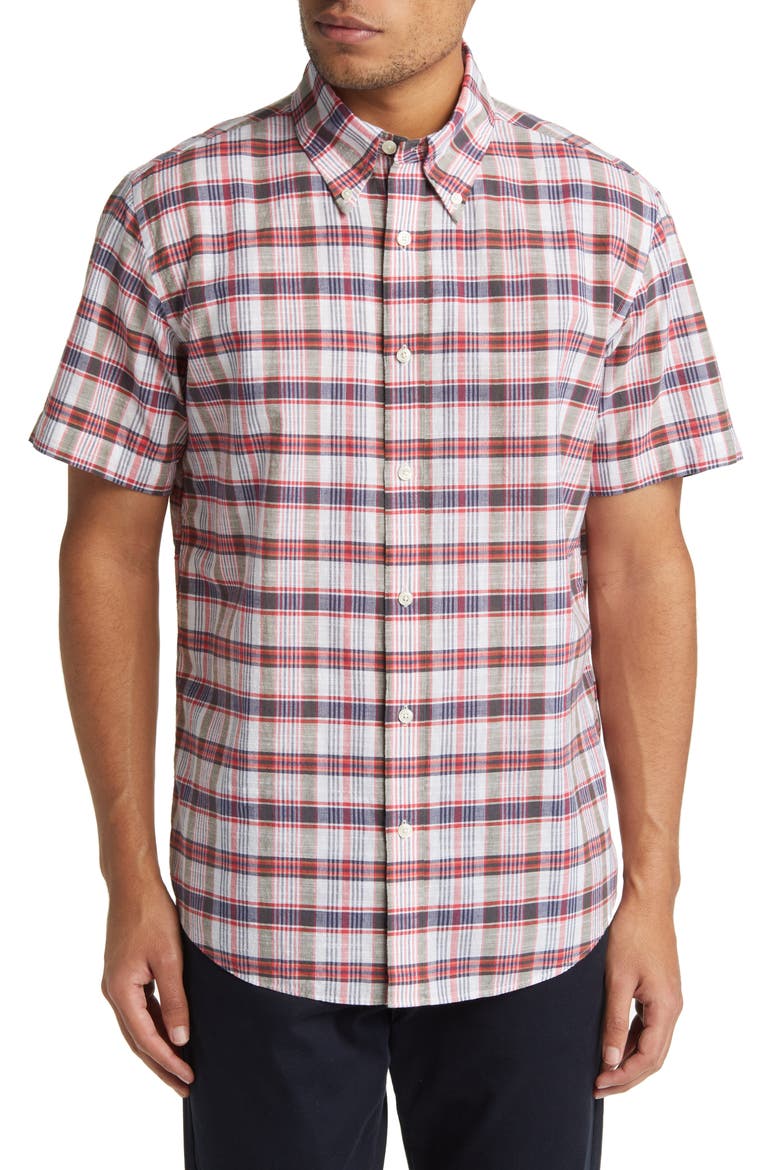 Madras Short Sleeve Plaid Button-Down Shirt, Main, color, MADRASWHTMULTI