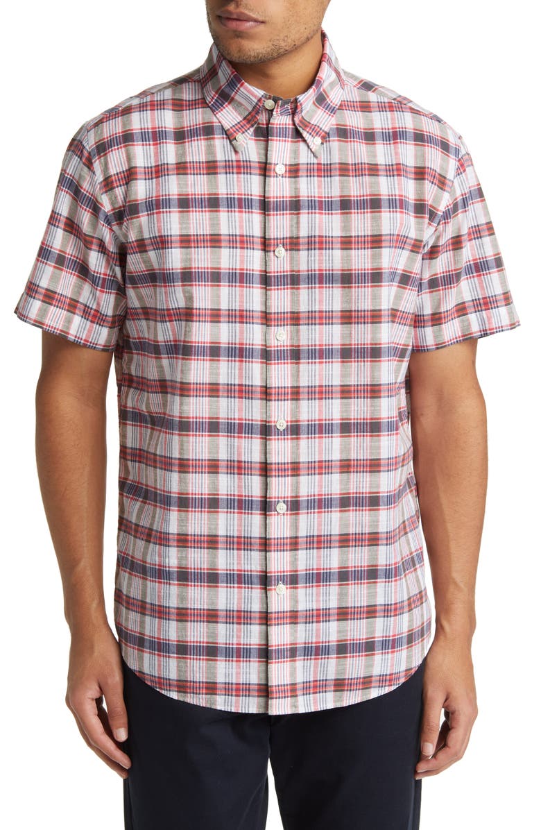 Brooks Brothers Madras Short Sleeve Plaid Button-Down Shirt, Main, color, 
