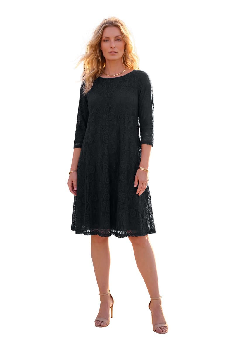 Roaman's Plus-Size 3/4 Sleeve Boatneck Lace Swing Dress, Main, color, Black