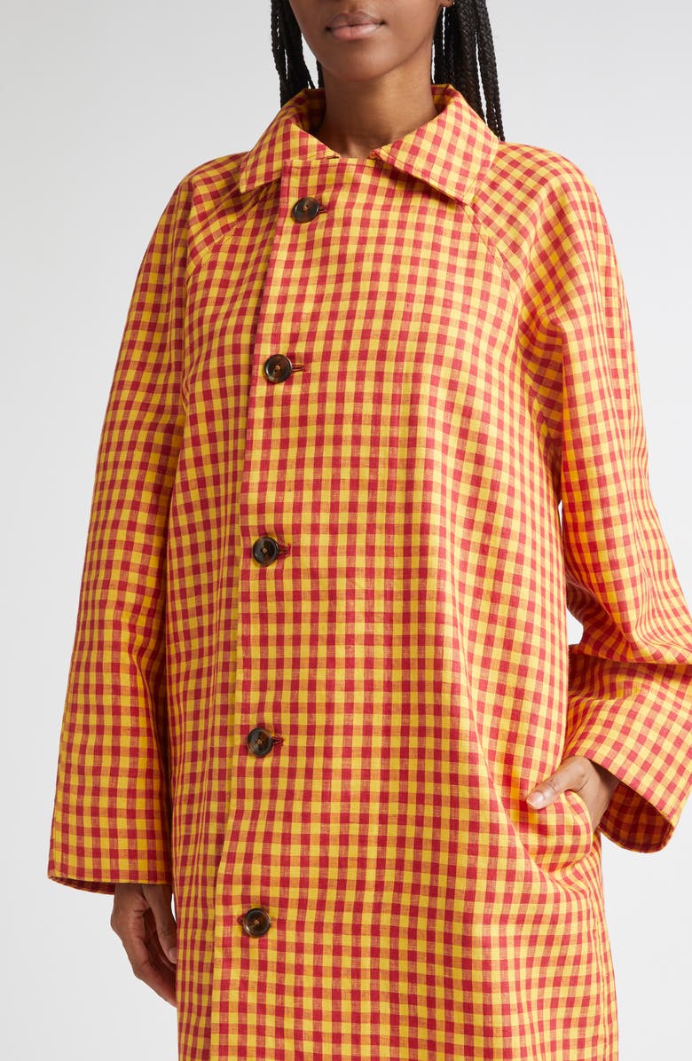 ZANKOV Hugo Asymmetric Check Linen Long Car Coat, Alternate, color, Cherry/ Yellow Multi