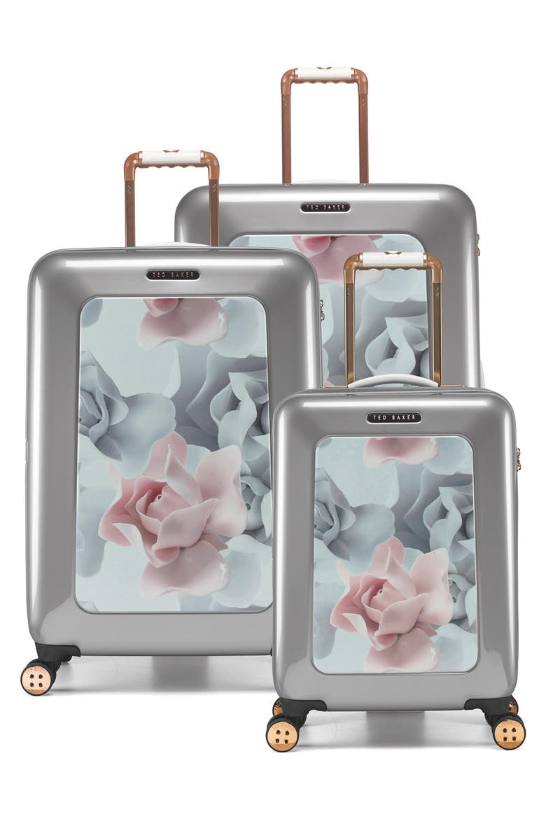 'Small Porcelain Rose' Four Wheel Suitcase, Alternate, color, SILVER