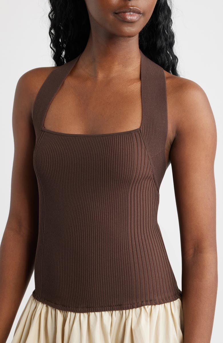 Lucy Paris Sevilla Mixed Media Halter Maxi Dress, Alternate, color, Brown Tan