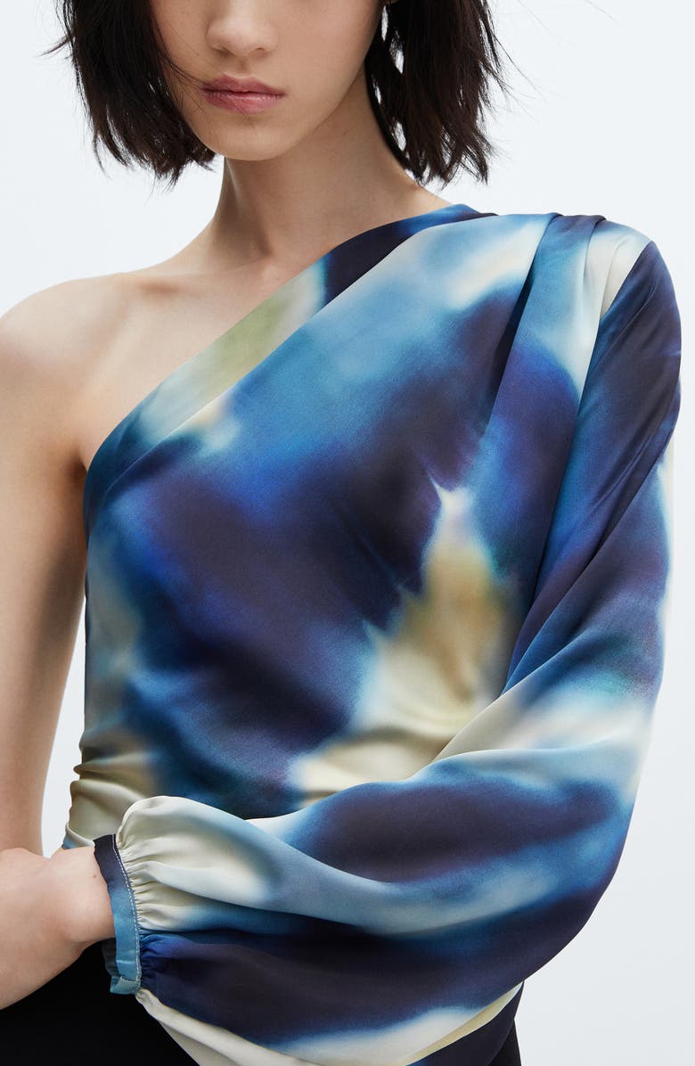 MANGO Watercolor Print Asymmetric One-Shoulder Satin Top, Alternate, color, 