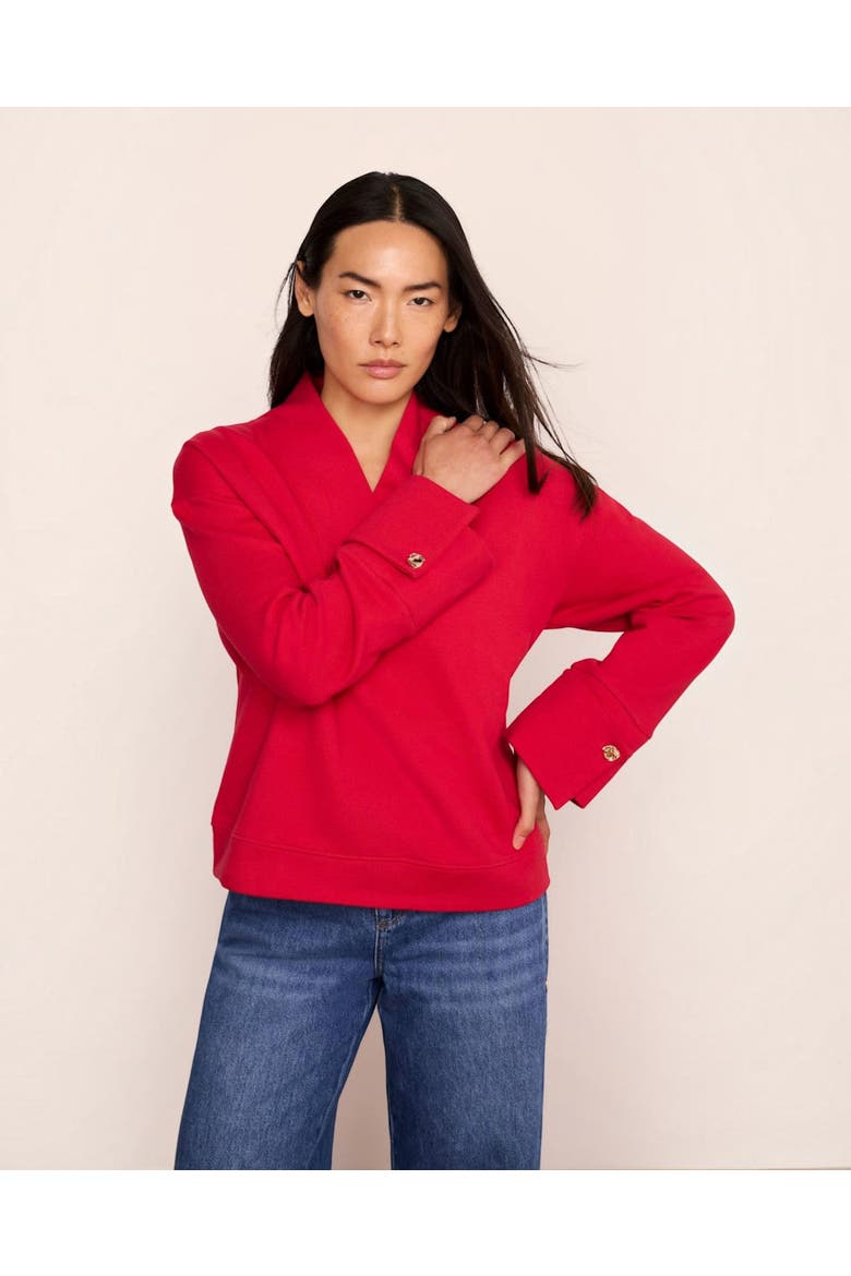 Cotton V-Neck Button Detail Sweatshirt, Alternate, color, Red