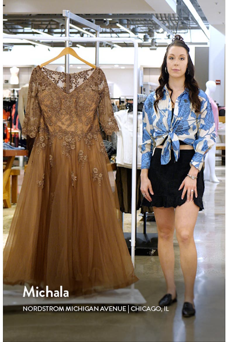 A-line Tulle Gown with Floral Lace Detail and V-Neck video