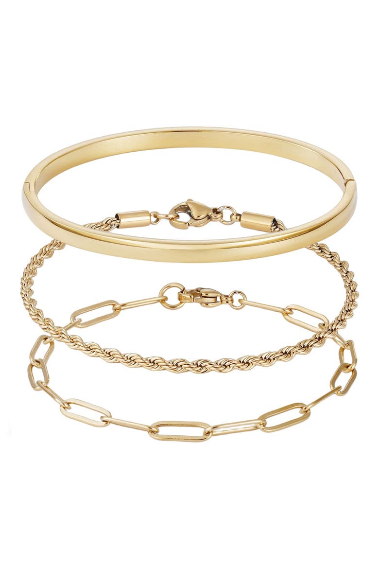 Set of 3 18K Gold Plated Stainless Steel Bracelets, Main, color, GOLD