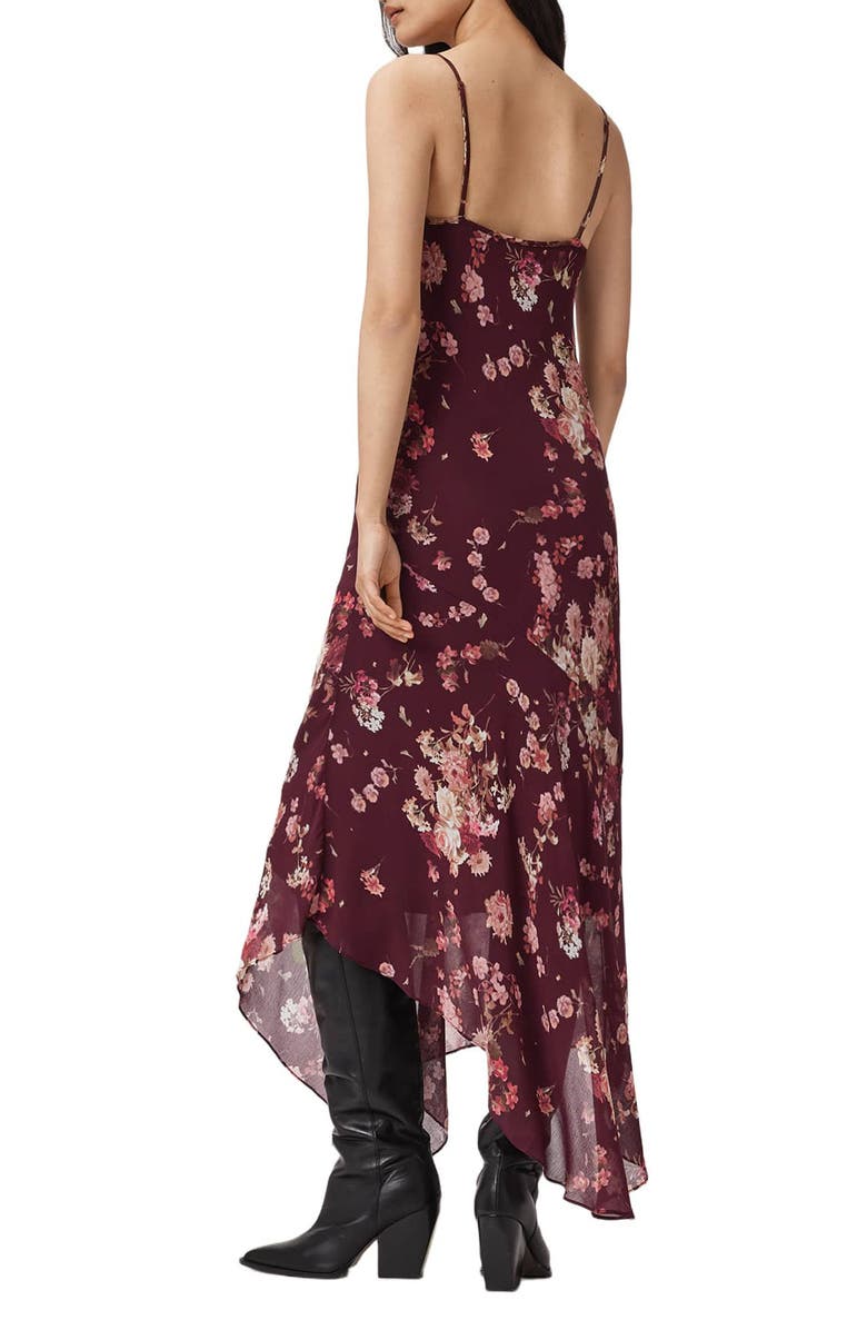 AllSaints Charlotte Floral Handkerchief Hem Midi Dress, Alternate, color, Armada Wine Red