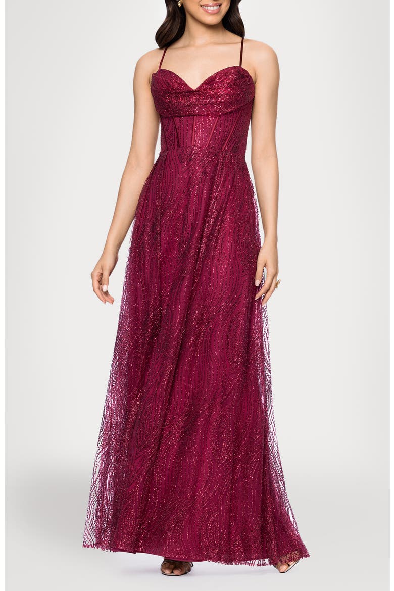 Glitter Drape Lace-Up Gown, Main, color, WINE