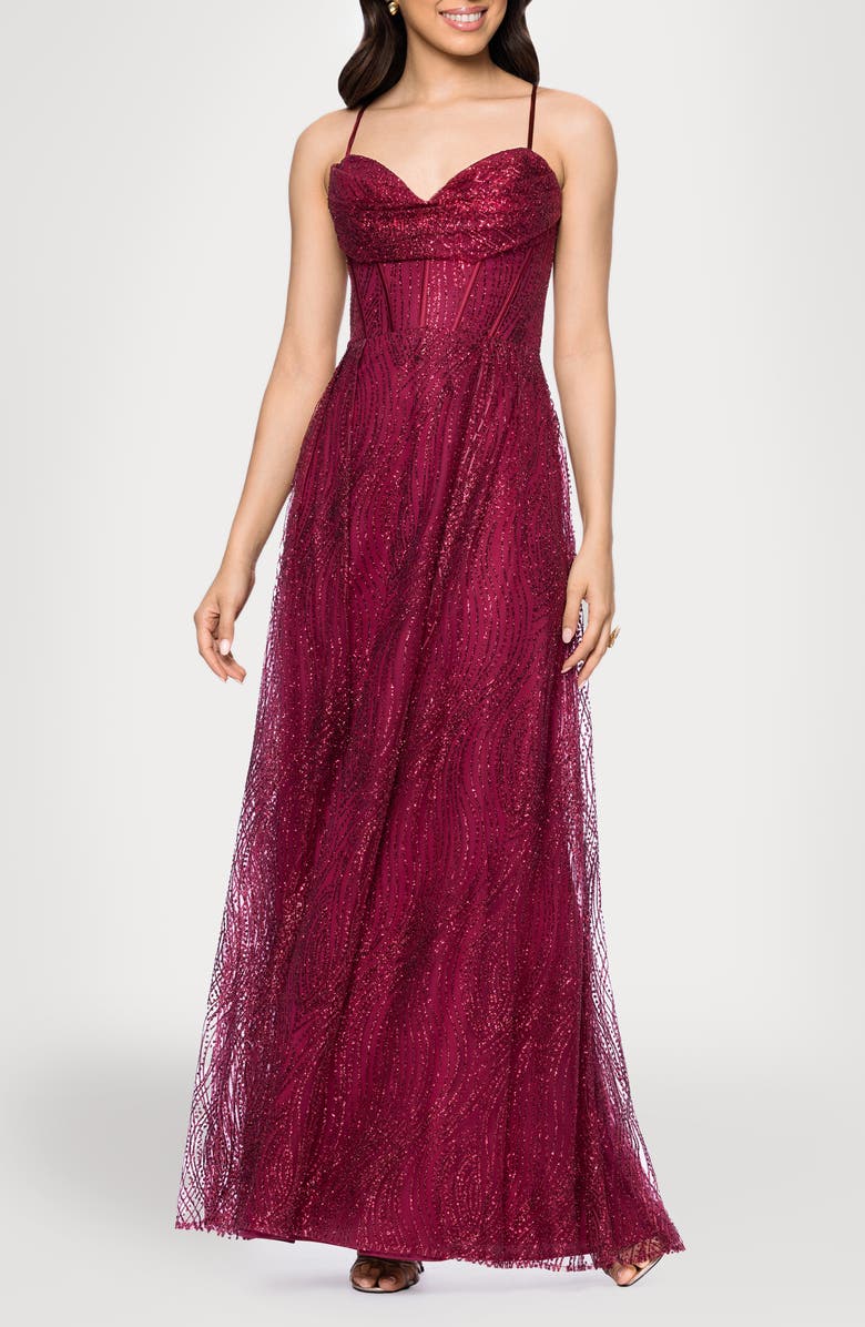 Blondie Nites Glitter Drape Lace-Up Gown, Main, color, Wine