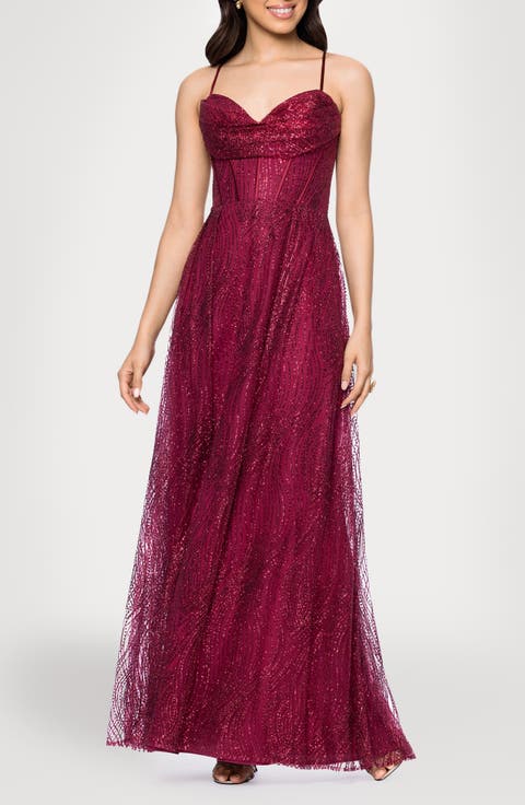 Glitter Drape Lace-Up Gown