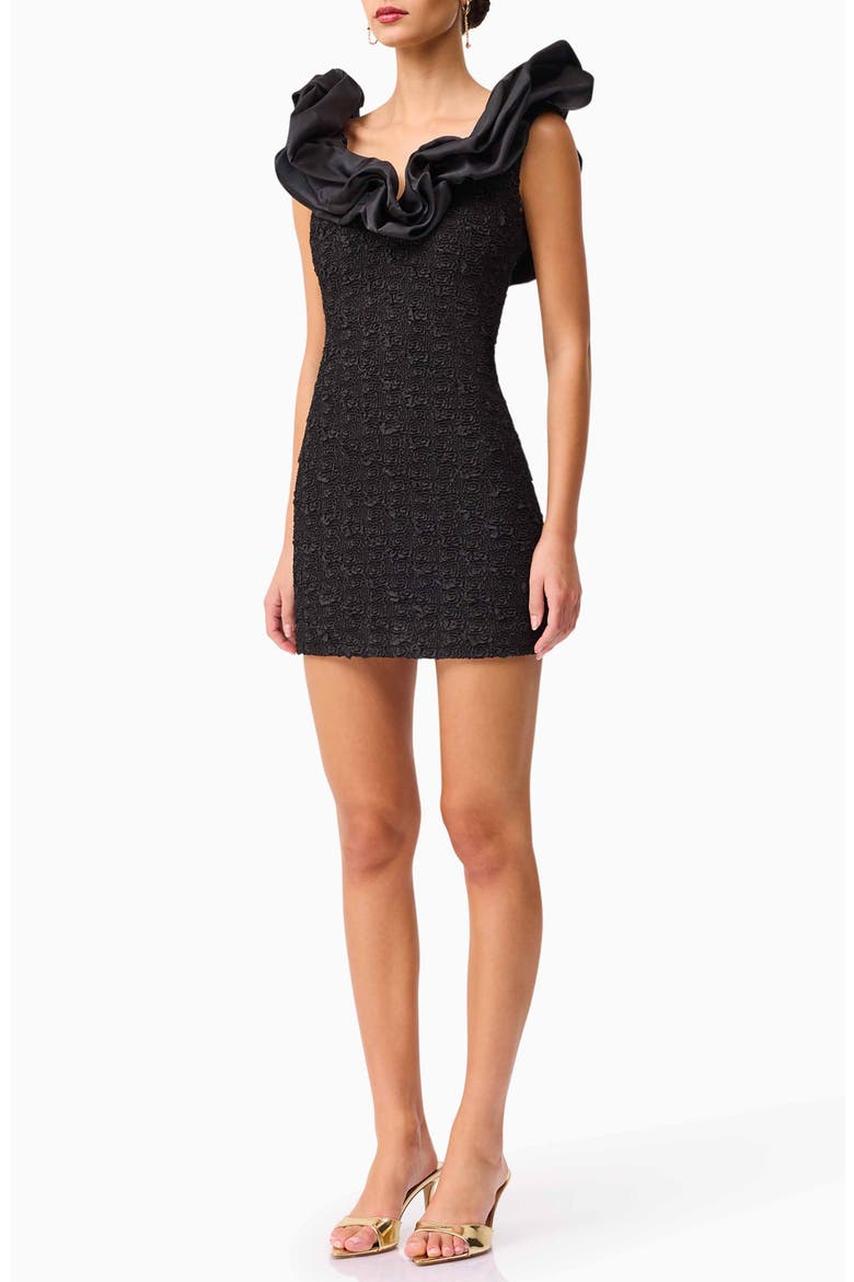 Paloma Satin Ruffle & Floral Jacquard Cocktail Minidress, Alternate, color, BLACK