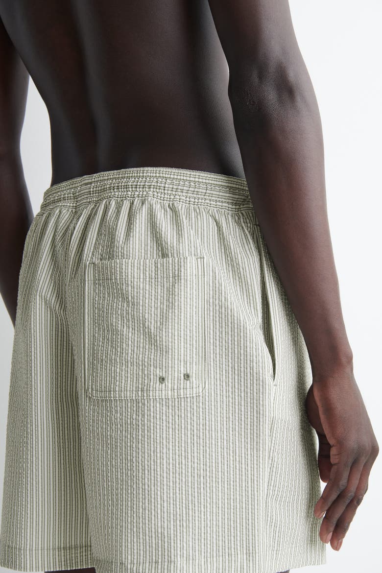 Striped Seersucker Drawstring Swim Trunks, Alternate, color, KHAKI / STRIPED