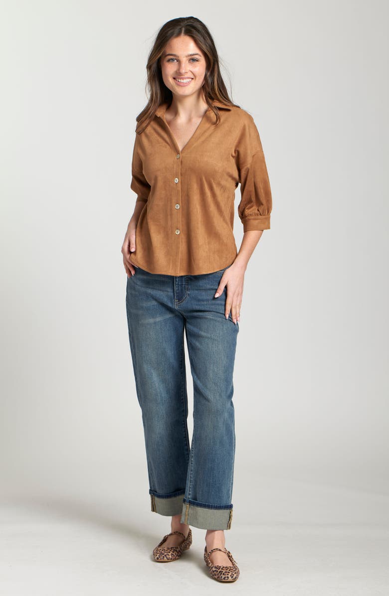 APNY Faux Suede Button-Up Shirt, Alternate, color, Caramel