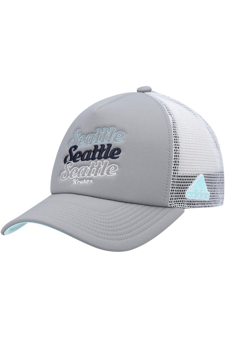 Women's adidas Gray/White Seattle Kraken Foam Trucker Snapback Hat, Main, color, Gray