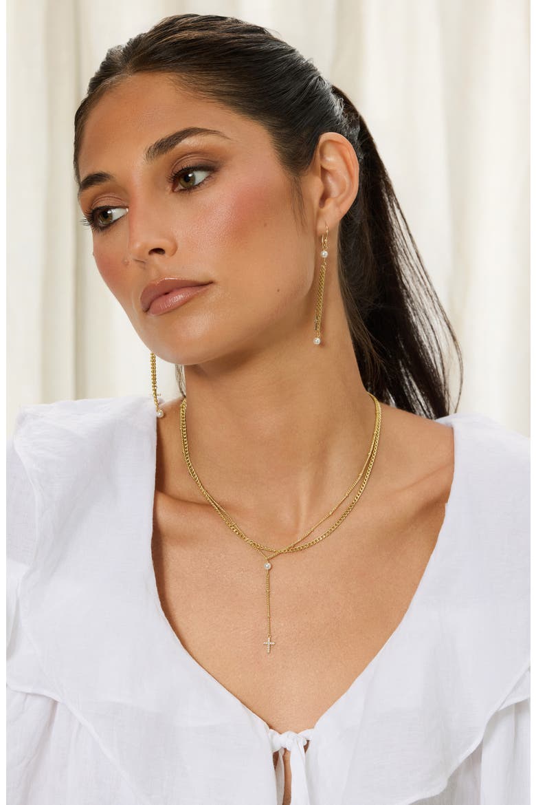 Imitation Pearl & Pavé Cross Layered Y-Necklace, Alternate, color, GOLD