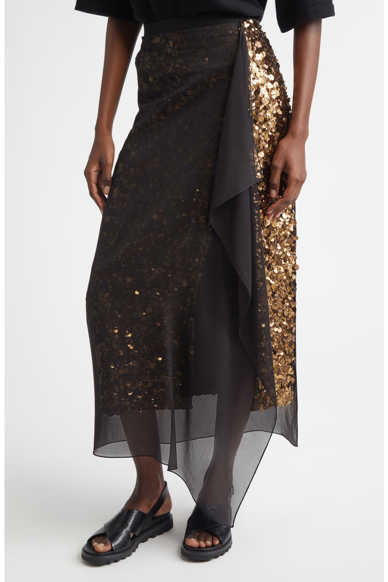 Sequin Embellished & Silk Georgette Veiled Wool Crepe Skirt, Alternate, color, BLACK 001