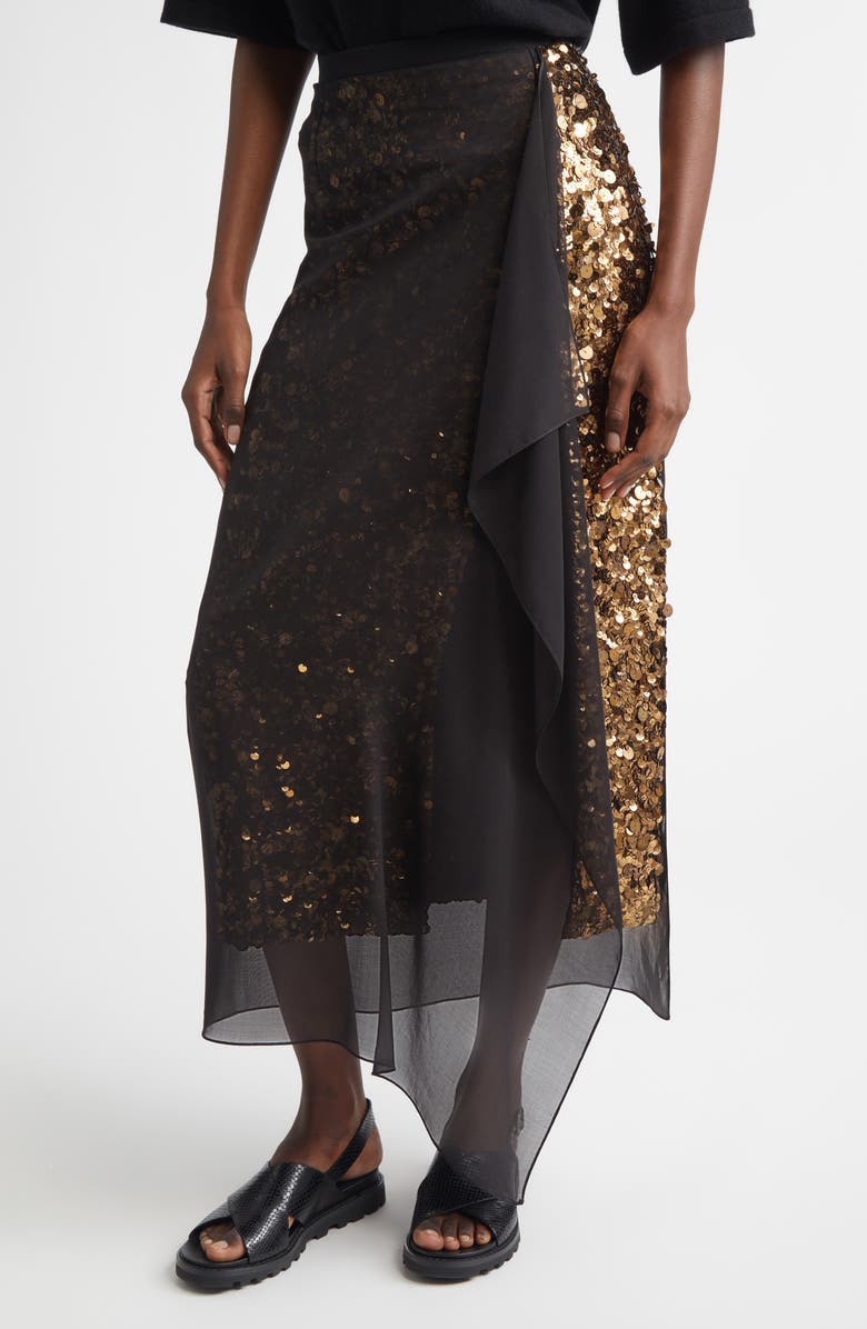 Michael Kors Collection Sequin Embellished & Silk Georgette Veiled Wool Crepe Skirt, Alternate, color, Black 001