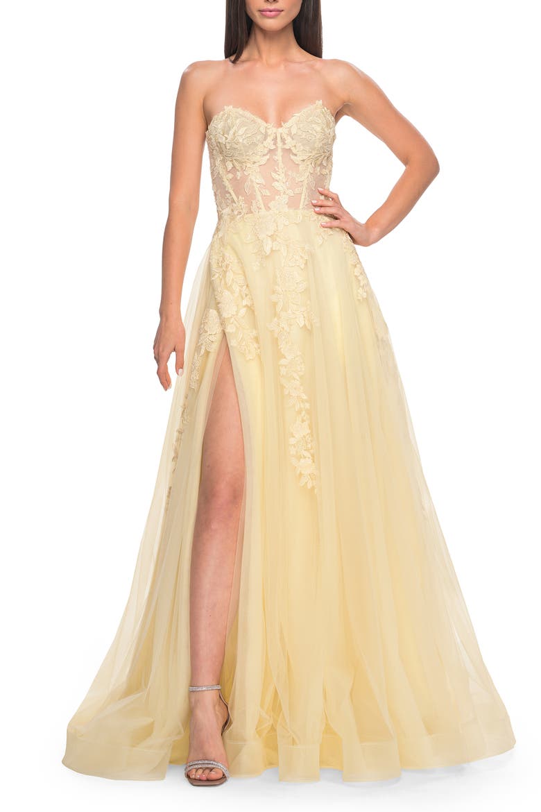 Sweetheart Strapless Gown with Beautiful Lace Applique, Alternate, color, Pale Yellow