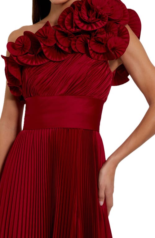Mac Duggal Pleated Charmeuse One Shoulder Ruffle Gown In Red