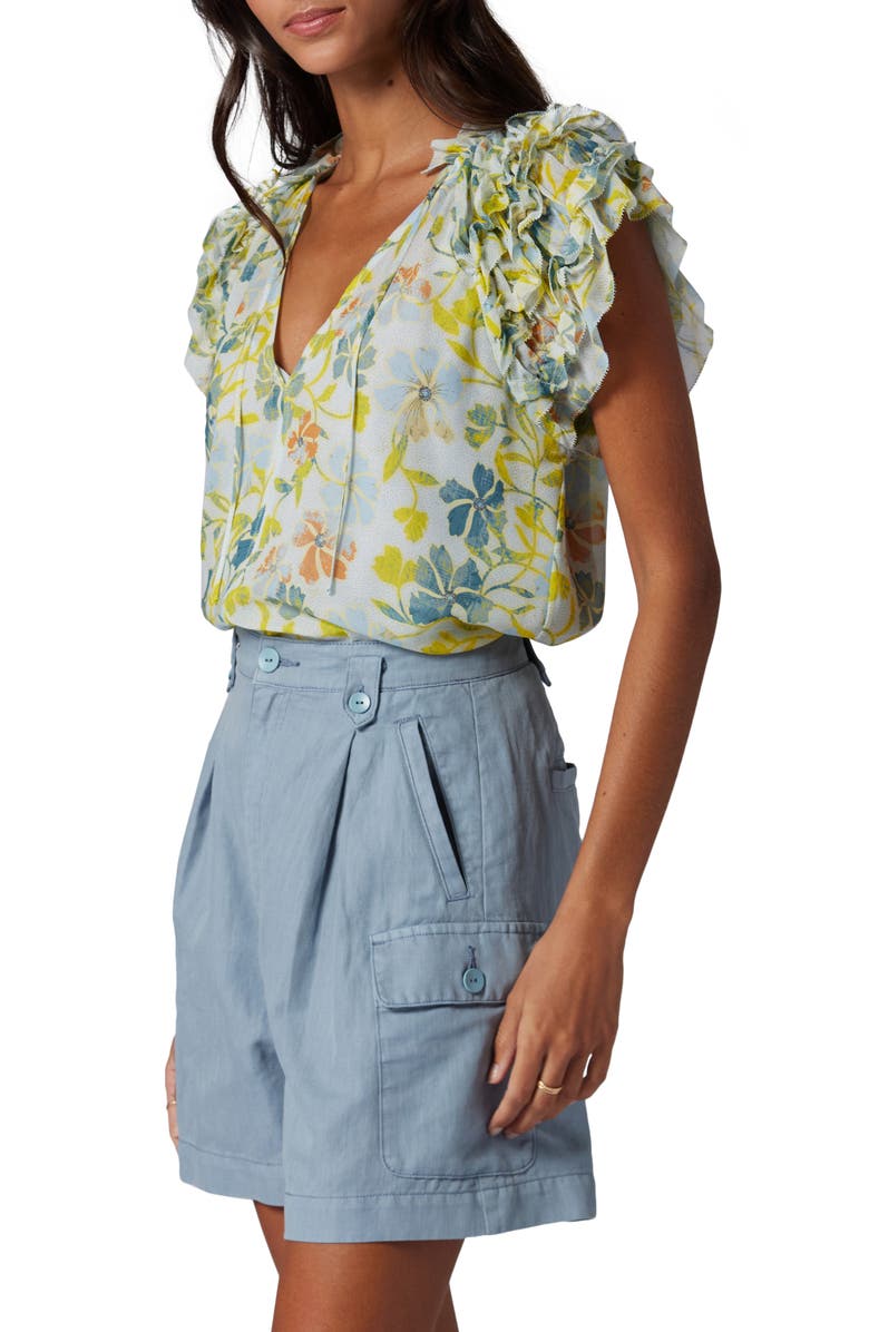 Joie Tezza Floral Split Neck Ruffle Sleeve Silk Blouse, Alternate, color, 