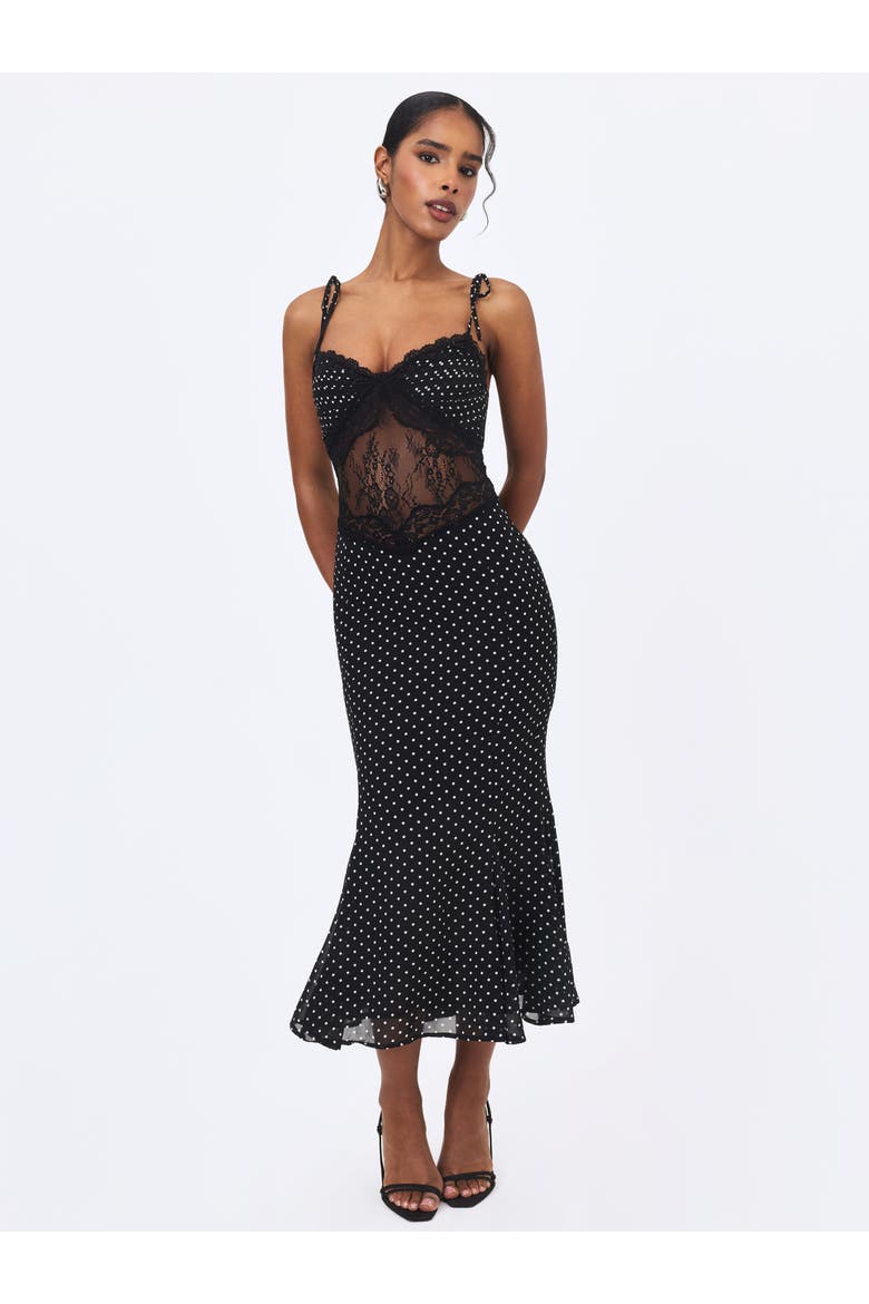 Zehra Chiffon Lace Cutout Mermaid Midi Dress, Alternate, color, Black